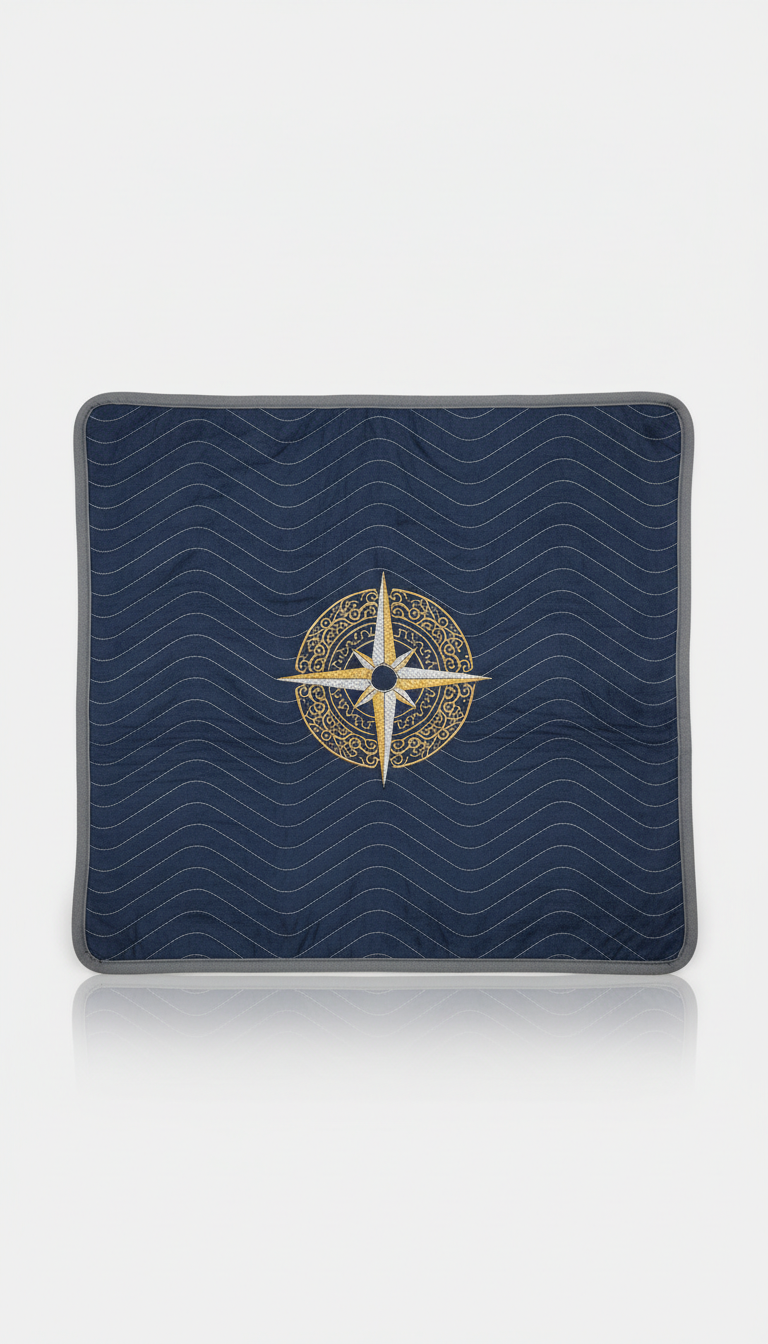 Embroidered moving blanket with plush lining